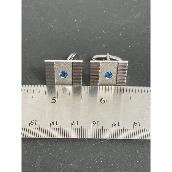 Vintage Swank Silver Cufflinks With Blue Gemstone Accent - Picture 2 of 4